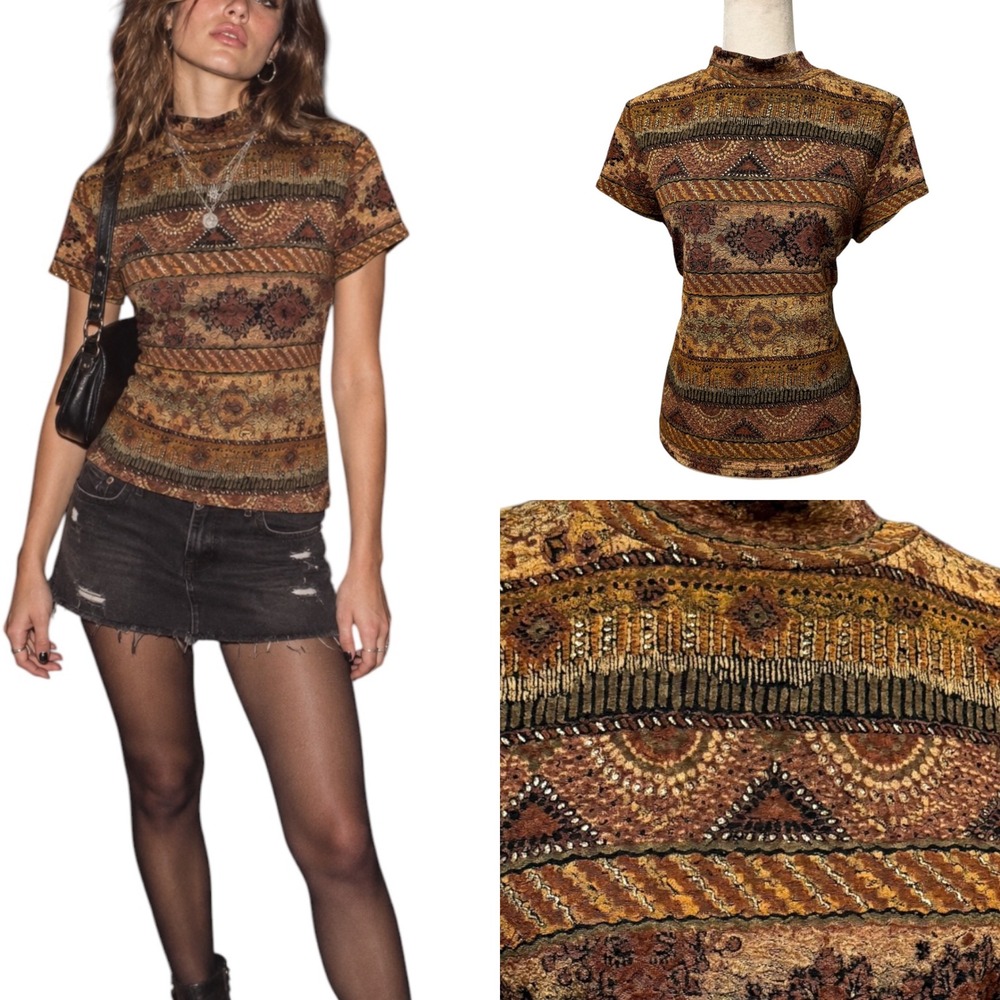 Vtg 90s Y2k Top Womens M Mock Neck Boho Indie Sleaze Grunge Nightlife Tapestry
